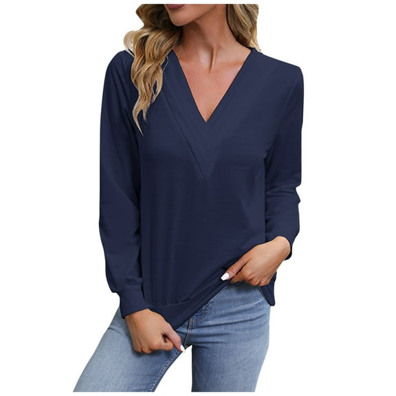 Diufon Womens Long Sleeve Shirts Fall V Neck Sweatshirts Casual Solid Color Pullover Tops