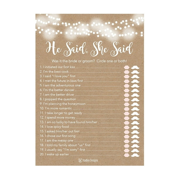 25 Rustic Wedding Bridal Shower Engagement Bachelorette Anniversary Party Game Ideas He Said She Said Cards For Couples Funny Co Ed Trivia Rehearsal Dinner Guessing Question Fun Kids Supplies Kit Walmart Com