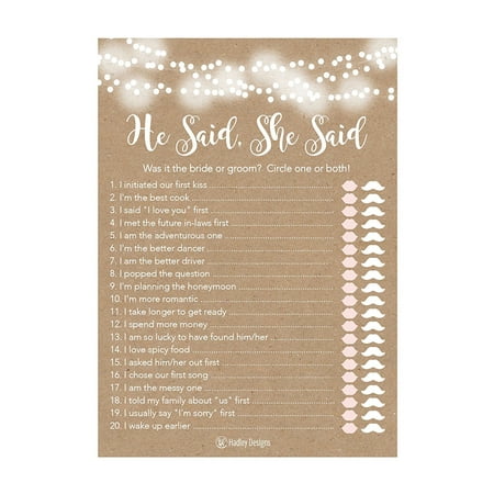 25 Rustic Wedding Bridal Shower Engagement Bachelorette Anniversary Party Game Ideas, He Said She Said Cards For Couples, Funny Co Ed Trivia Rehearsal Dinner Guessing Question Fun Kids Supplies