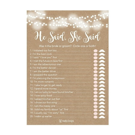 25 Rustic Wedding Bridal Shower Engagement Bachelorette Anniversary Party Game Ideas, He Said She Said Cards For Couples, Funny Co Ed Trivia Rehearsal Dinner Guessing Question Fun Kids Supplies (Best Dinner Party Ideas)