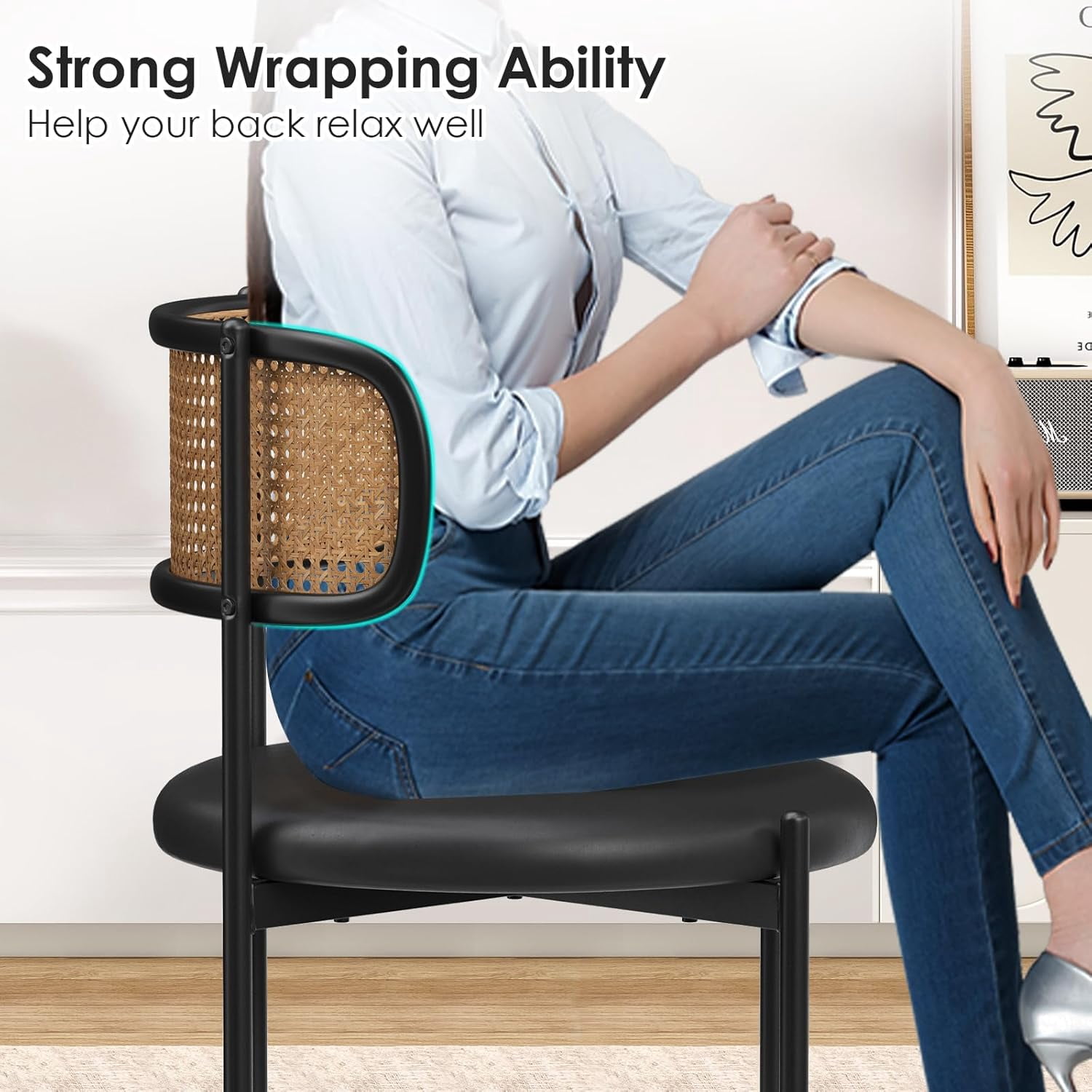 Farini Dining Chairs Set of 4, Upholstered PU Leather & Woven Rattan Side Chairs with Metal Legs for Kitchen, Dining Room, or Cafe, Black