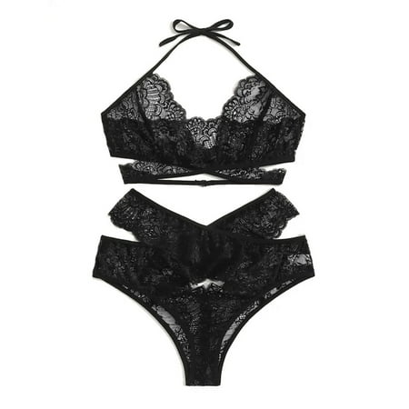 

BIZIZA Women Two Piece Bra and Panty Set Criss Cross Lingerie Sets Sexy Lace Plus Size Black 8XL