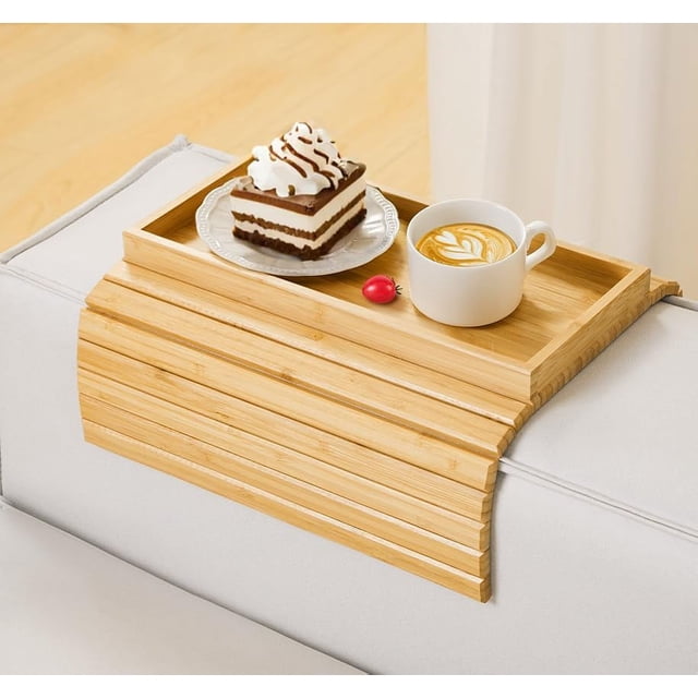 Kssiaz Couch Arm Tray Bamboo Sofa Tray Table for Couch Sofa Armrest Tray Table -Slip Armrest Organizer Foldable Couch Cup Holder for Snacks Phone Control Cups Natural