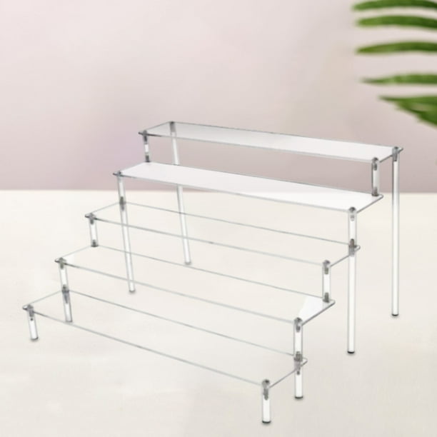 Estantería transparente acrílica, tipo escalera, para exhibir objetos, estantes acrílicos transparentes, exhibidor de joyas y perfumes, estructura metálica plegable, diseño de 2 niveles,