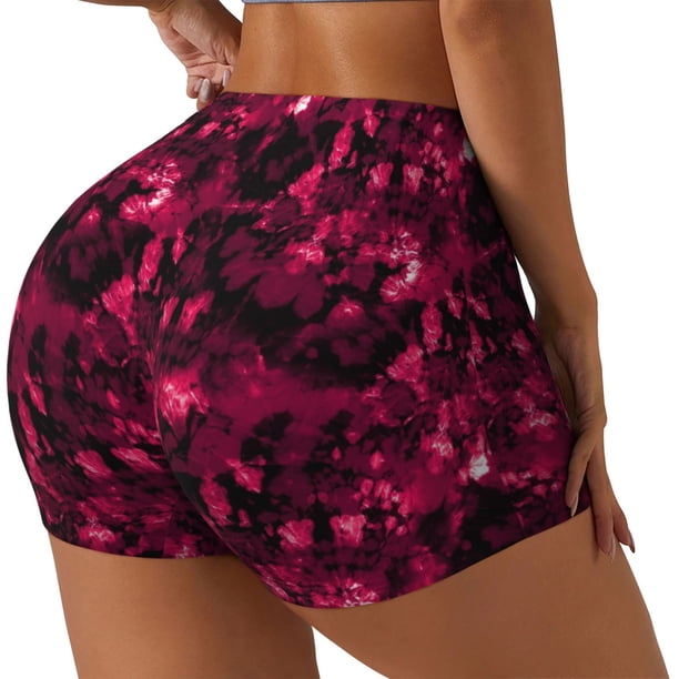 Balery Burgundy Tie Dye Pantalones cortos de entrenamiento estampados para mujer, sin costuras, ajustados, para gimnasio, yoga, correr, deportes, ejercicio activo, fitness.-Medium