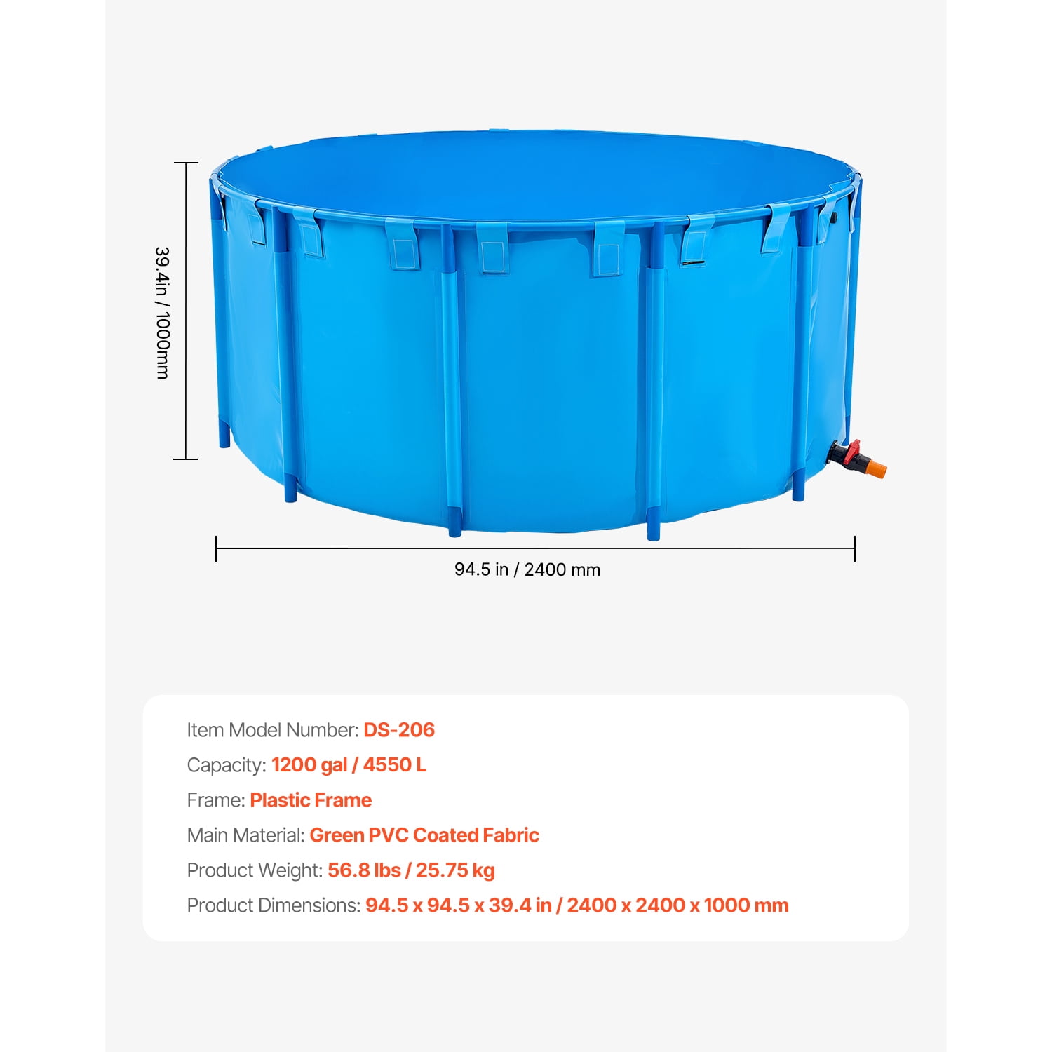 KFFKFF 1200Gal Collapsible PVC Fish Pond, Heavy Duty Canvas Koi Basin with Robust Frame & Drain Valve, Circular Above Ground Tank for Koi & Goldfish Farming