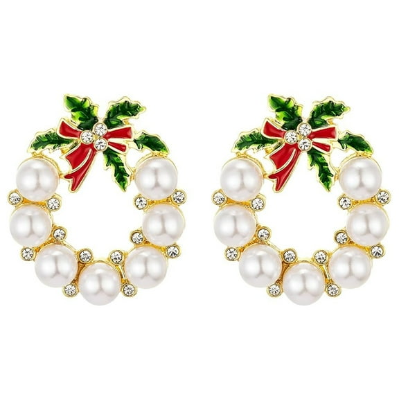 Sdmnsg-T Gold Christmas Wreath Stud Earrings for Women, Simulated Pearl Hoop Drop Earrings Christmas