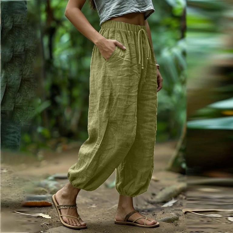 aohooy Tapered Linen Pants Women Casual Drawstring Elastic Waist