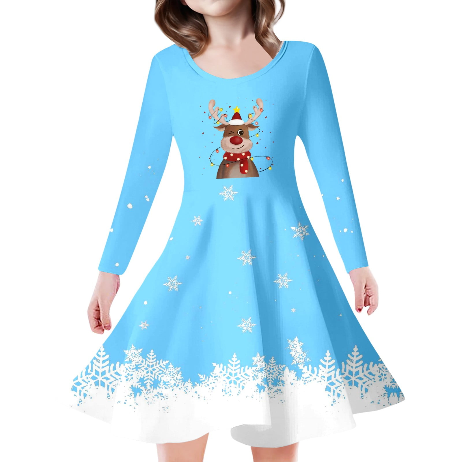 WEAIXIMIUNG White Dresses for Teens 12-14 Kids Toddler Girls Christmas  Trees Deer Print Christmas Long Sleeve Party Dress 6-7 Years