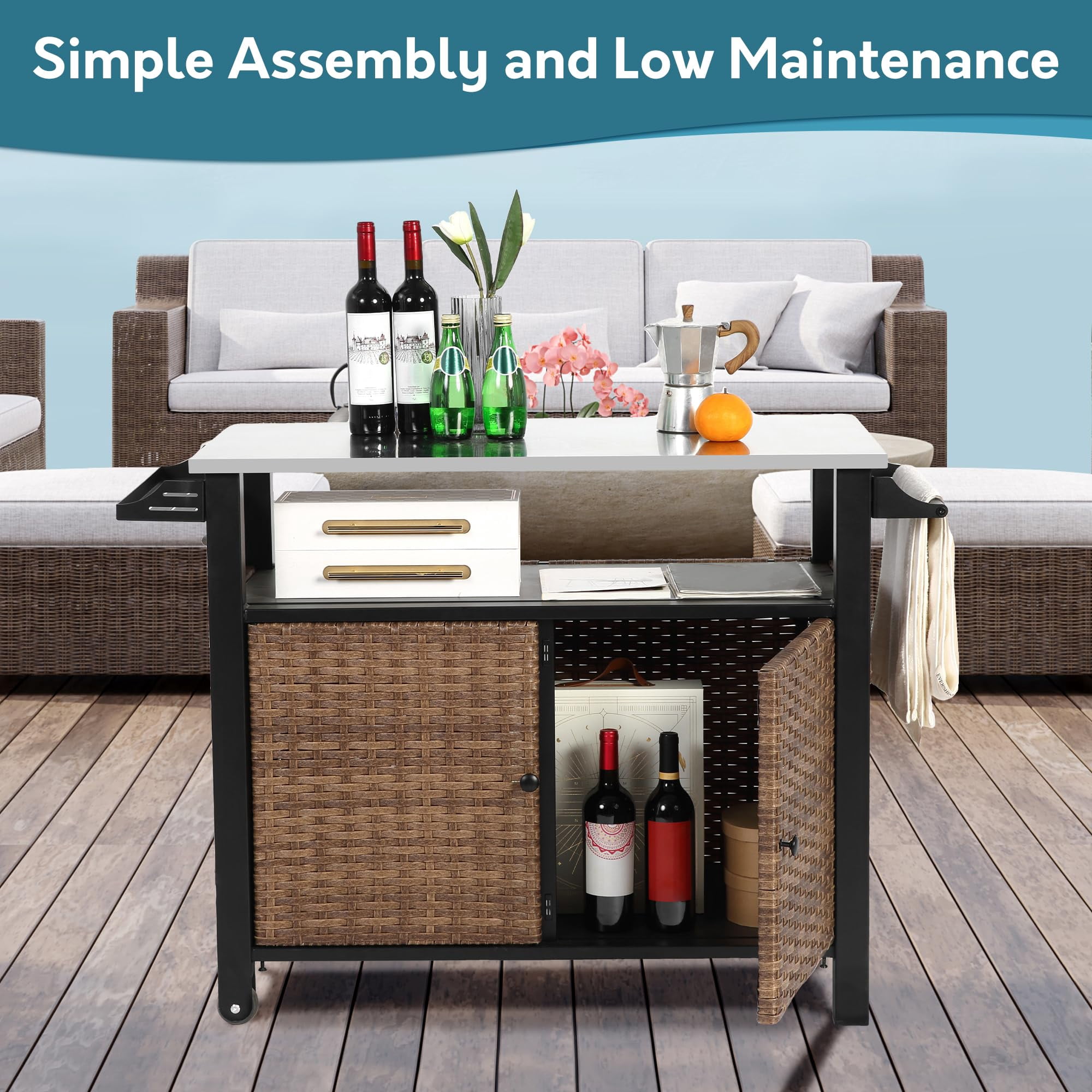 Homefun Outdoor Large Kitchen Rolling Cart Storage Wicker Island Cabinet Wheels Stainless Steel Extended Table Top bar