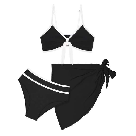 SGMVNU Girls Swimsuit Bikini Set with Cover up Wrap Skirt Girls Swimsuits 10-12 3 Piece Swimwear Set V Neck Ruffle Bathing Suits for Teen Girl, Size 13-14 Years, g-Black