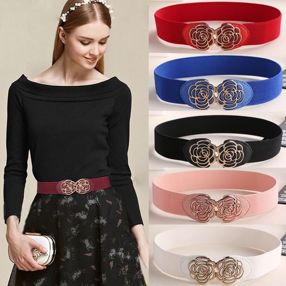 Women lady Metallic Retro Flower Elastic Stretchy Dress Narrow Waist Belt Band