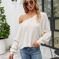 thumbnail image 4 of Defitshape Women's Long Bishop Sleeve Chunky Sweater Solid Soft Knit Top One Shoulder Short Fashion Loose Fit Bateau Neck Pullover Knitwear White Medium, 4 of 4