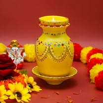 Yellow Ceramic Kalash Pooja Decor- Includes Plate & Diwali Diya Glitter OM Lota Hindu Spiritual Religion Gifts for Wedding Diwali Housewarming Engagement Indian Pooja Item for Home Temple Mandir