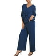 thumbnail image 4 of INSPIRE CHIC Women's Mother of Bride Sets Chiffon Ruffles V Neck Top Wide Legs Pantsuits Wedding Guest 2 Pieces Pants Suits S Dark Blue, 4 of 5
