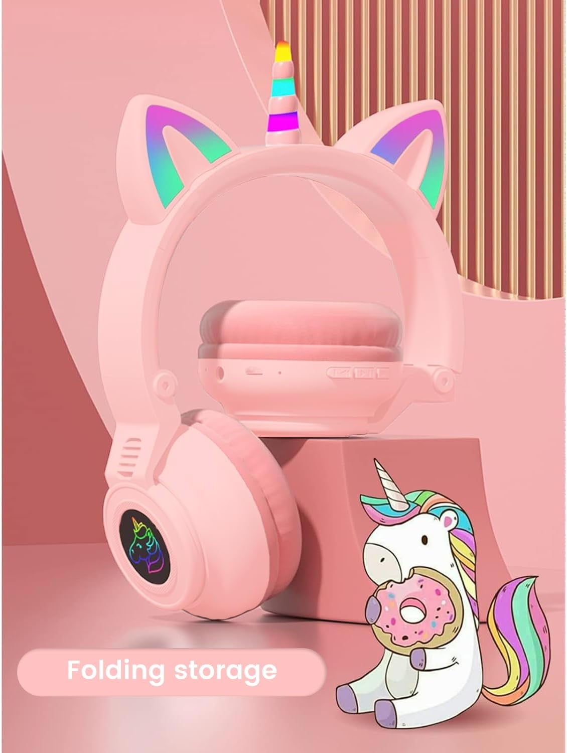 Unicorn Kids' Bluetooth Headphones,Foldable Wireless Headphones for Children with Cable and Microphone Earphones Volume Control,Unicorn-Inspired Gift Design for Birthday Gift & Christmas (pink)