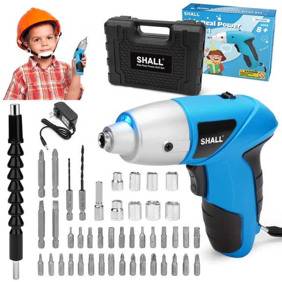 SHALL 47-Piece Kids Real Cordless Power Drill Set, Safety Certified Electric Screwdriver W/Screwdriver Drill Bits, Socket, Flexible Shaft, Carrying Case, DIY Construction Tool Kit for Children Age 8