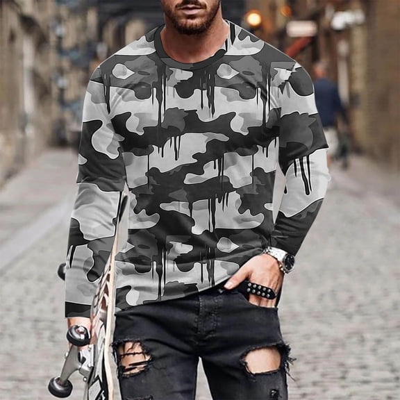 Drindf Camo T Shirt for Men Big and Tall Long Sleeve Tops Trendy Raglans T-Shirts Lightweight Round Neck Pullover Top Loose Fit Casual Tshirts