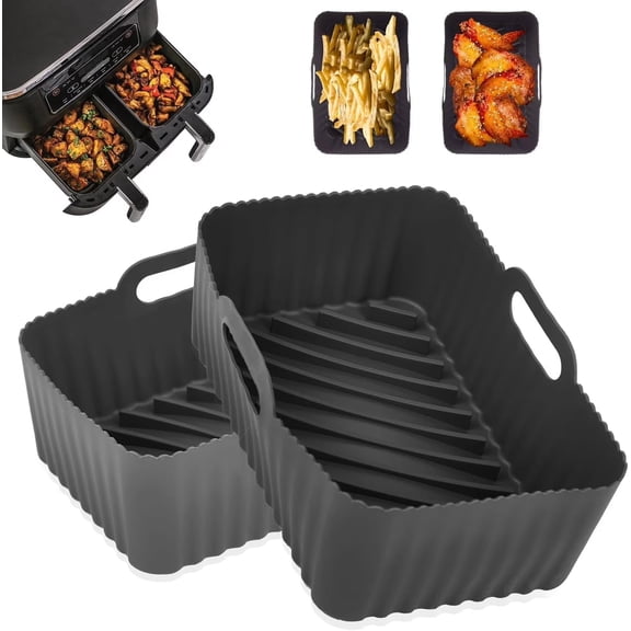 2Pcs Silicone Air Fryer Liners for Ninja Foodi Dual DZ201, Non-Stick Reusable Basket Accessories, Fits 8 QT, Black