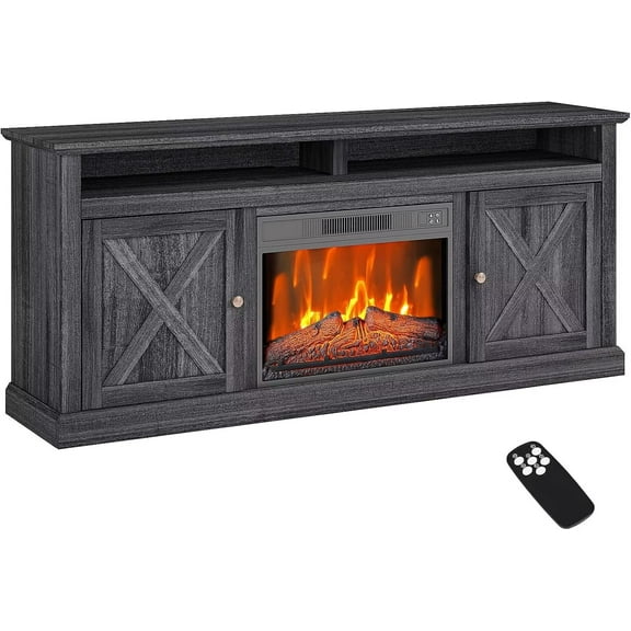 BENESKY Farmhouse Electric Fireplace TV Stand for TVs up to 65 Inch, Entertainment Center with 23" Electric Fireplace Remote Control, TV Console Cabinet with Open Storage Shelves for Living Room