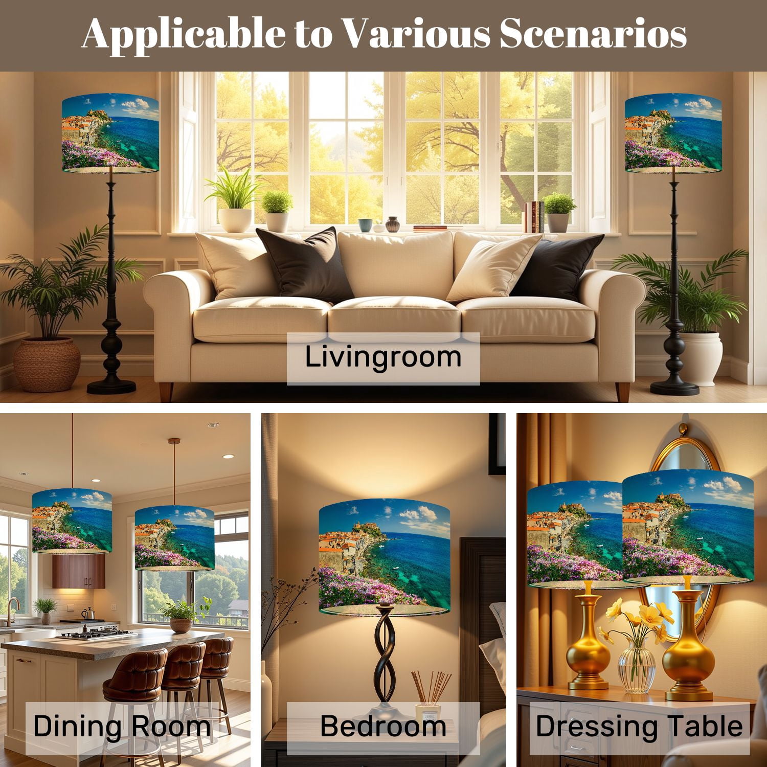 Beach Lampshades 2 Pack Beautiful coastal town Scilla Calabria Italy 13"x13"x10" Light Shade for Table Lamps Floor Lamps Drum Lamp Shades Lampshade Replacement Easy Assembly