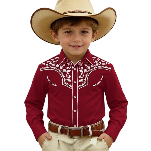 Shinyii Boys Western Cowboy Shirt Button Down Long Sleeve Shirt Everyday Top, Sizes 4-13