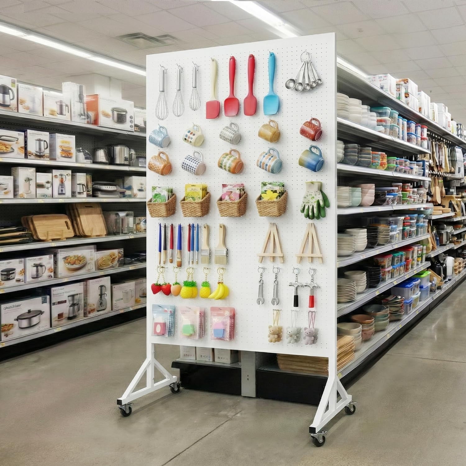 HAIDAIYA Metal Pegboard Display Stand, 3.5' x 5.5' Large Standing Peg Board Panel with 40 Hooks and Wheels, Adjustable Height, Pegboards for Office, Garage, Vendor, Retail Display Rack(White)