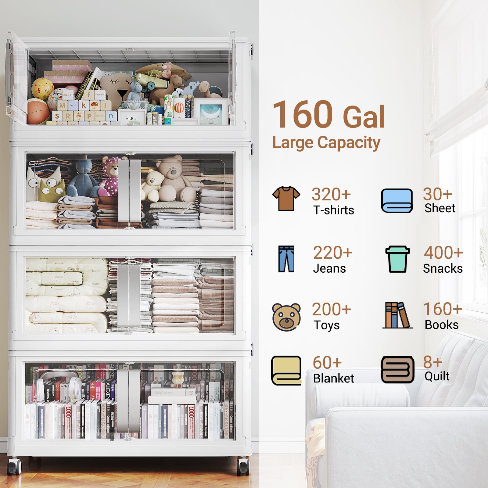 Broview V70 Stackable Storage Bins Extra Large 160 Gallon (640 Quart), Plastic Box, Stackable & Foldable, Clear Doors, Magnetic Closure, 360° Wheels, White 4pack