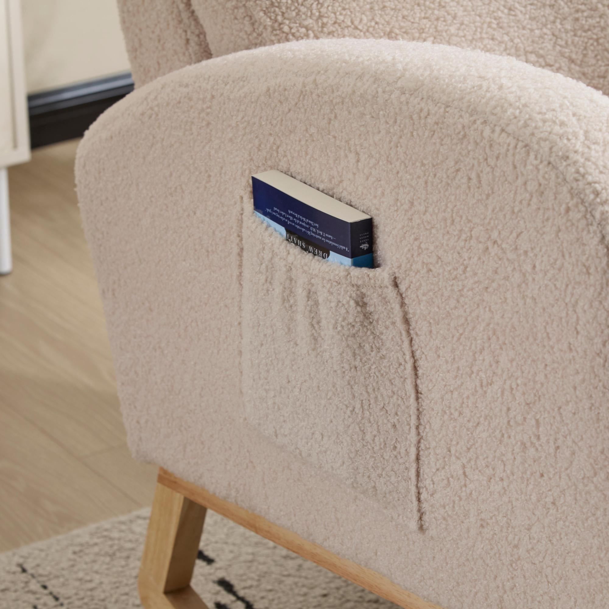 Leumius Rocking Chair Nursery, Teddy Fleece Upholstered Glider Rocker Chairs w/ Curved Solid Wood Base & Side Pocket,Modern High Backrest Nursing Accent Rockers for Living Room, Bedroom,Beige