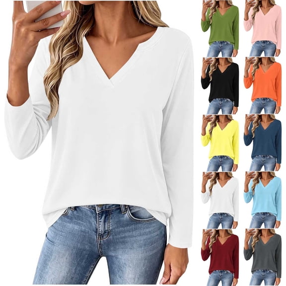 VBVC Women's V Neck Long Sleeve T Shirts , Ladies Casual Slim Stretchy Tunic Tops , Fall Winter Basic Dressy Shirts For Women, *White , Large