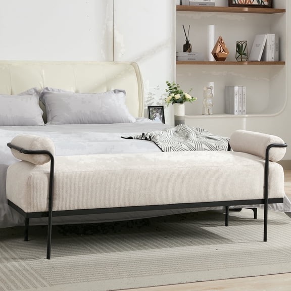 BRILHAMEZ 61" Long Upholstered Shoe Bench, Modern Chenille Entryway Seat with Black Metal Legs for Bedroom, Beige