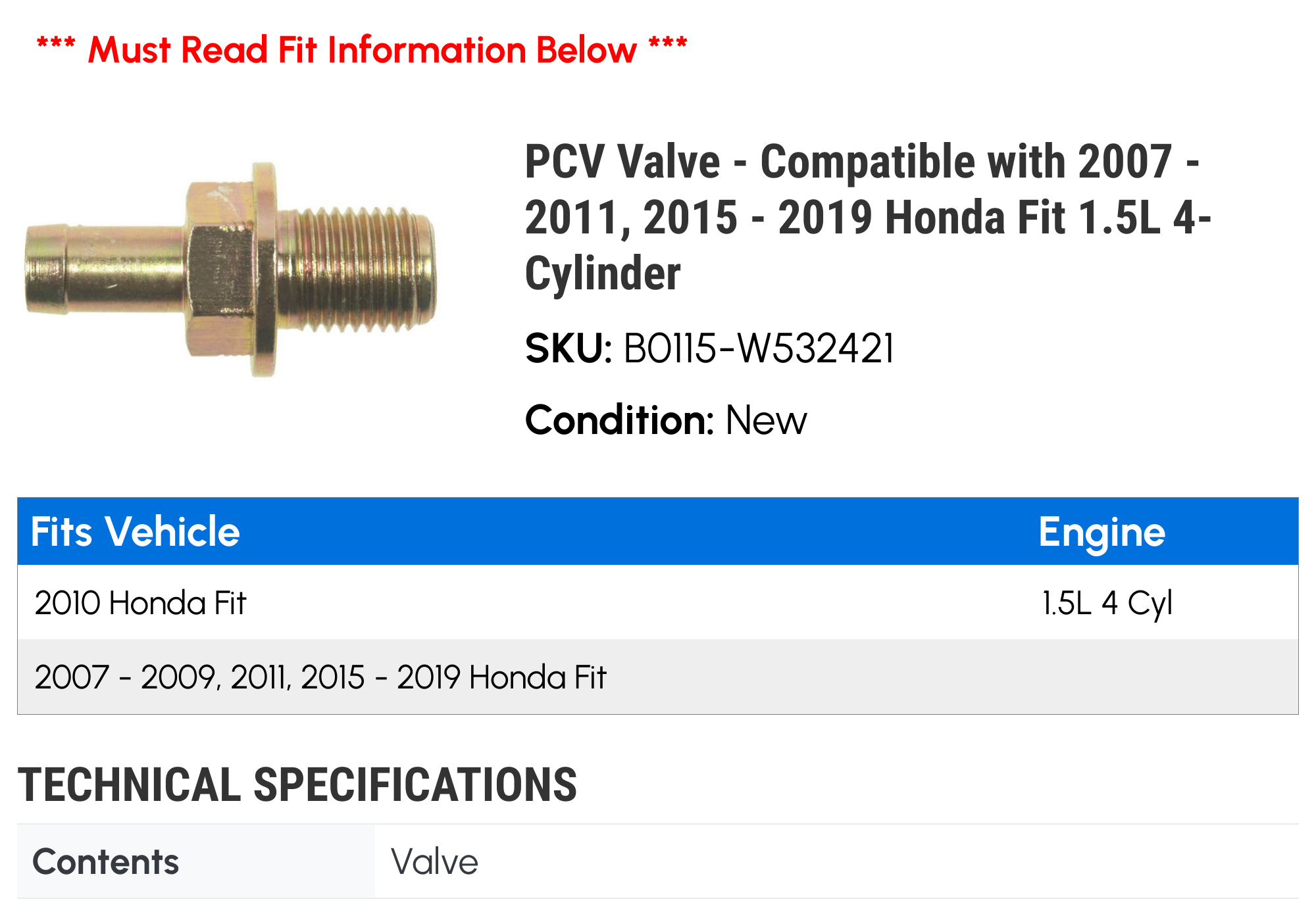 PCV Valve - Compatible with 2007 - 2011, 2015 - 2019 Honda Fit 1.5L 4-Cylinder 2008 2009 2010 2016 2017 2018