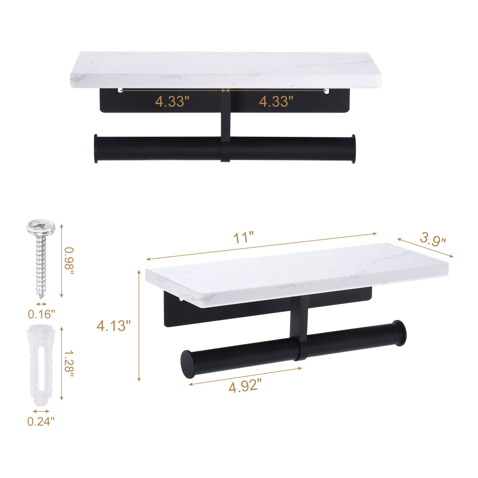 Unique Bargains Toilet Paper Holder with Marble Shelf Modern Design for Bathroom Black