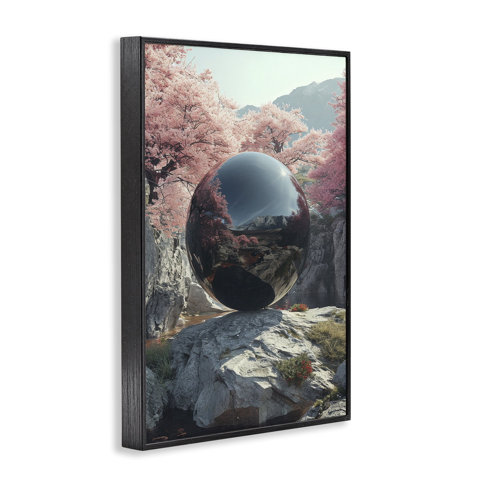 Stupell Industries Surreal Reflective Ball Landscape Painting Black Framed Art Print Wall Art, 12 x 18