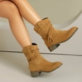 thumbnail image 5 of Viluyesy Womens Mid Calf Boots, Round Toe Trendy Tassel Chunky Heels Fall Winter Western Suede Boots Brown, 5 of 9
