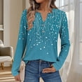 thumbnail image 2 of Uootdi Women's Dangle Dot Print Henley Neck Blouse Long Sleeve Casual Loose Fit Teal Artistic Pattern Fall Trendy Top Blue Women Tops, 2 of 6
