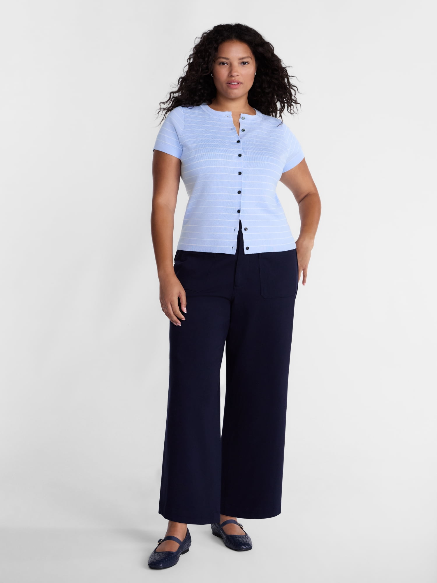 Terra & Sky Women's Plus Short Sleeve Button Up Sweater Top,Sizes,0X-5X
