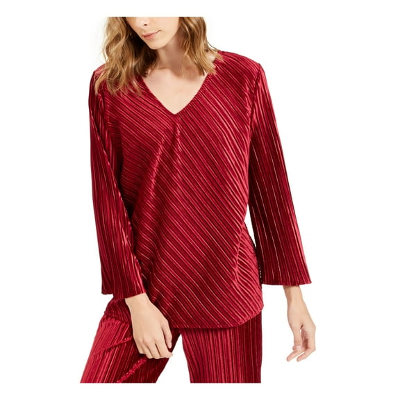 ALFANI Womens Burgundy Ribbed Long Sleeve V Neck Top S