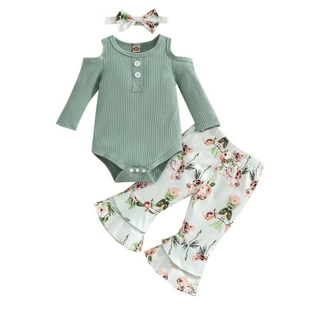 

Musuos Cold-Shoulder Bodysuit + Flower Print Flared Pants + Bow Headband