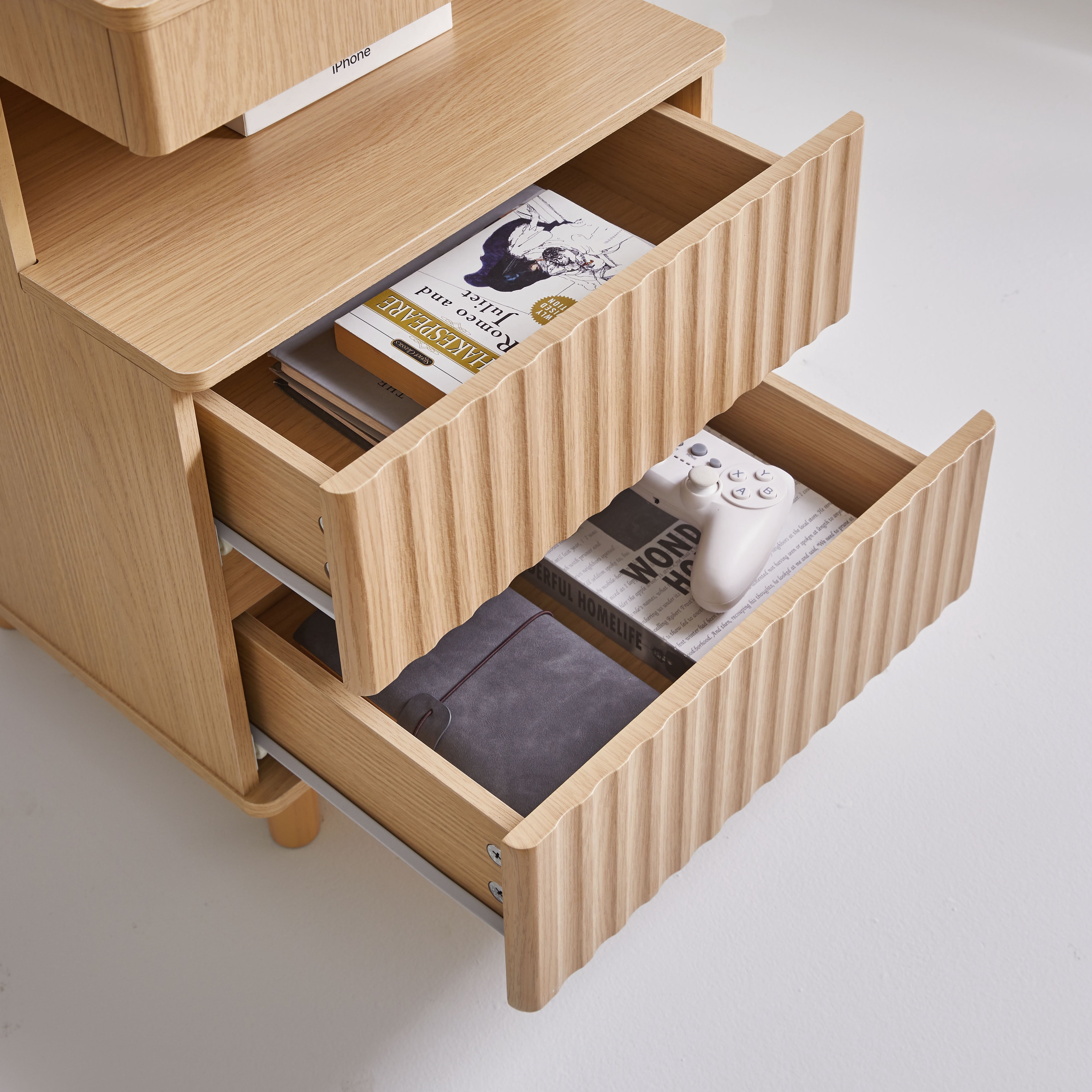 MAYEERTY Modern End Table with Hidden Storage Drawer & Charging Station, Wood Side Table with 2 Drawers and Open Shelf, for Bedroom Living Room