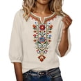 thumbnail image 5 of Favoffer Women's Washed Crinkle Linen Blend Shirt Boho Plus Size Embroidered Tunic 3/4 Sleeve V Neck Loose Peasant Top Elegant Summer Daily Travel Party Blouse, 5 of 7