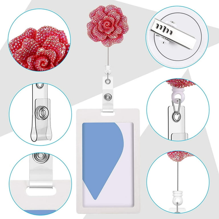 6 Pieces 24 Inch Retractable Badge Reels, Glitter Rose ID Badge