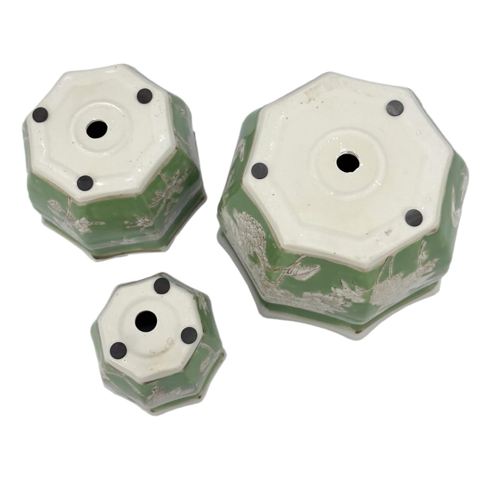 Green & White Floral Porcelain Ceramic Decorative Flower Pot 8"/6"/4.5" Garden Pots Chinese Asian Design - Set of 3 Green Fluted