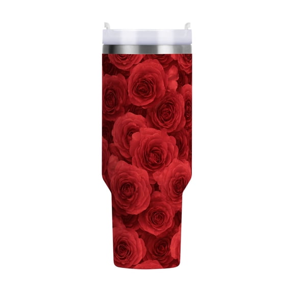 40 oz Tumbler With Handle Stainless Steel Insulated Tumbler With Lid for Car Cup Holder Romantic Red Roses in Rows