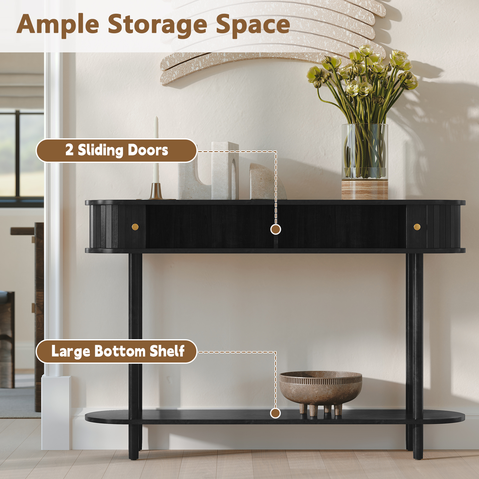 HLR Mid Century Sofa Entryway Table, Console Table with Tambour Sliding Door for Living Room Hallway, Black