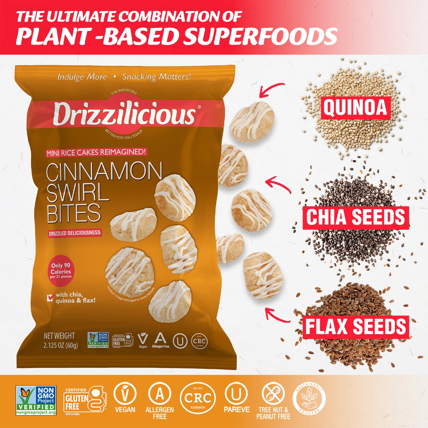 (3 pack) Drizzilicious Mini Rice Cakes, Cinnamon Swirl Flavored Rice Cake Gluten Free Snacks, Rice Crisps 60g