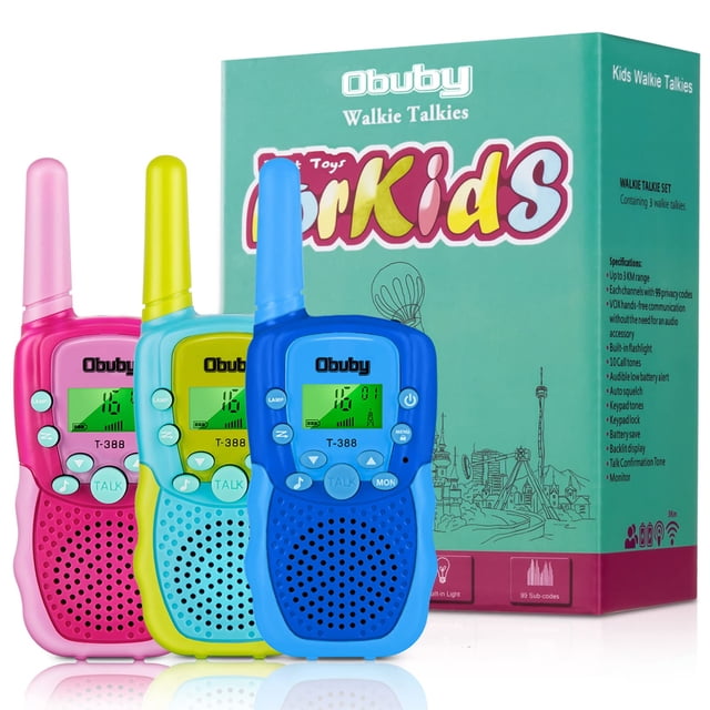 Walkie Talkies OBUBY de 3 a 12 años para niños con un alcance de 3 km, paquete de 3