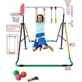 thumbnail image 3 of Kids Height Adjustable 4-in-1 Gymnastics Bar Set: Horizontal Kip Bar, Swing Seat, 2 Trapeze Rings, Basketball Hoop - Folding Gymnastics Training Home Bar - Junior Horizontal Bar, Expandable Monkey Bar, 3 of 9
