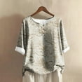 thumbnail image 2 of WTOBBY Women's Floral Texture Print Cotton Linen Blouse with Half-Sleeve, Casual Round Neck Fashion Top for Fall Season, Comfortable Apparel,Clear M, 2 of 4