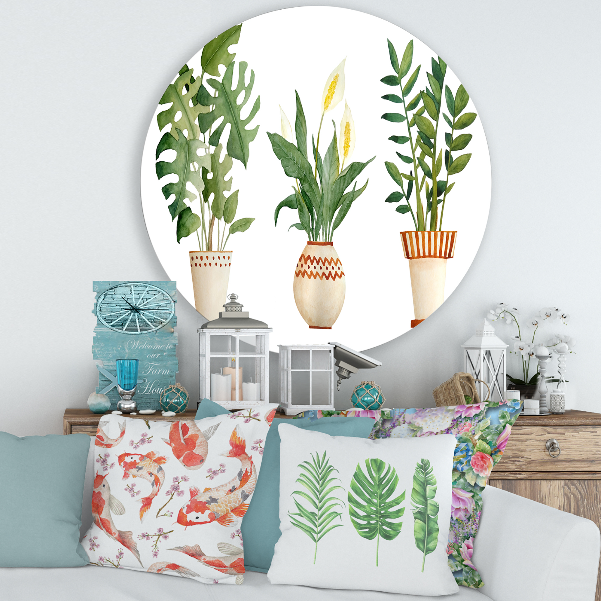 Designart 'Houseplant Peace Lily In Terra Cotta and Monstera' Farmhouse Circle Metal Wall Art 29x29 - Disc of 29